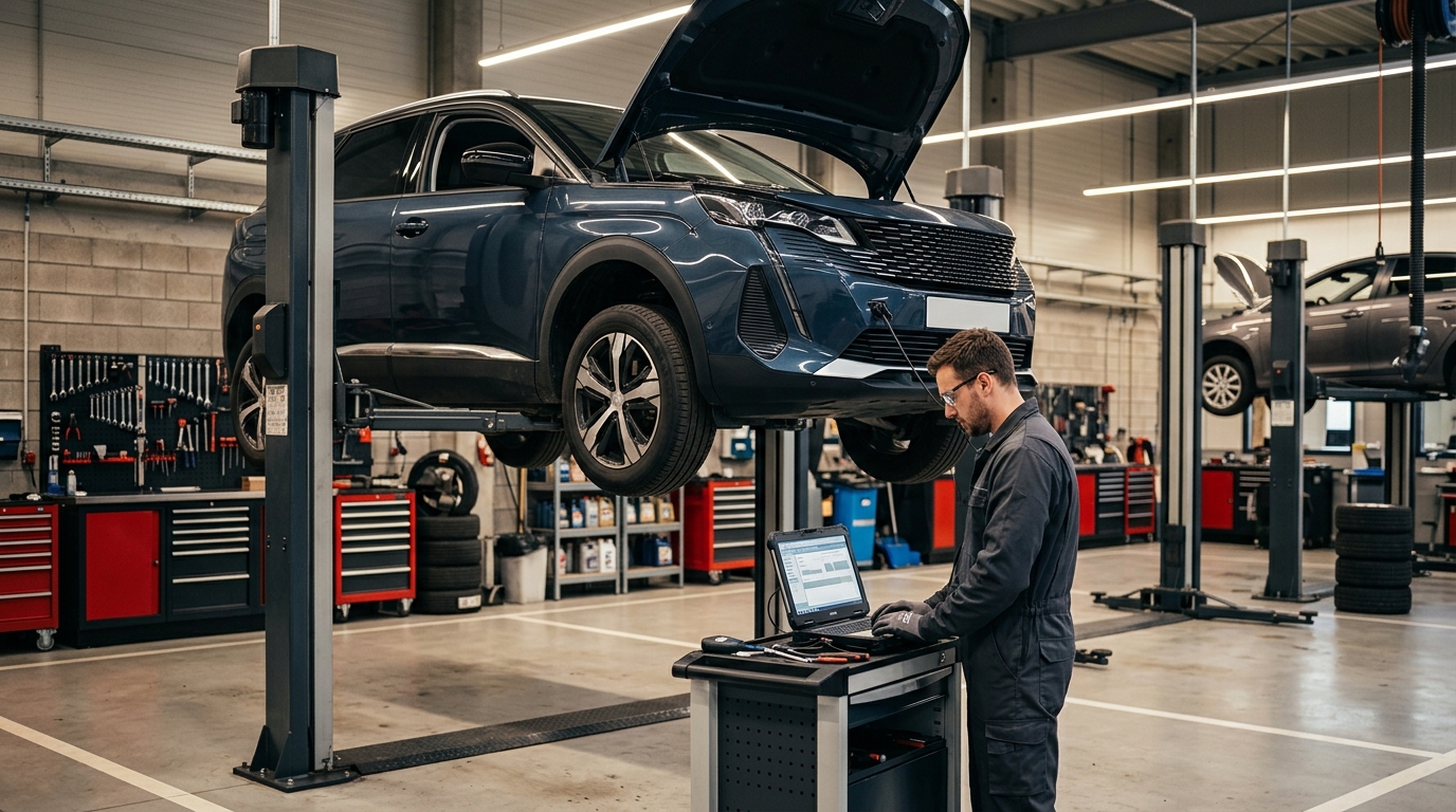 Kadosan Oto Sanayi Sitesi'ndeki Peugeot özel servis atölyesinde bilgisayarlı arıza tespiti yapılıyor